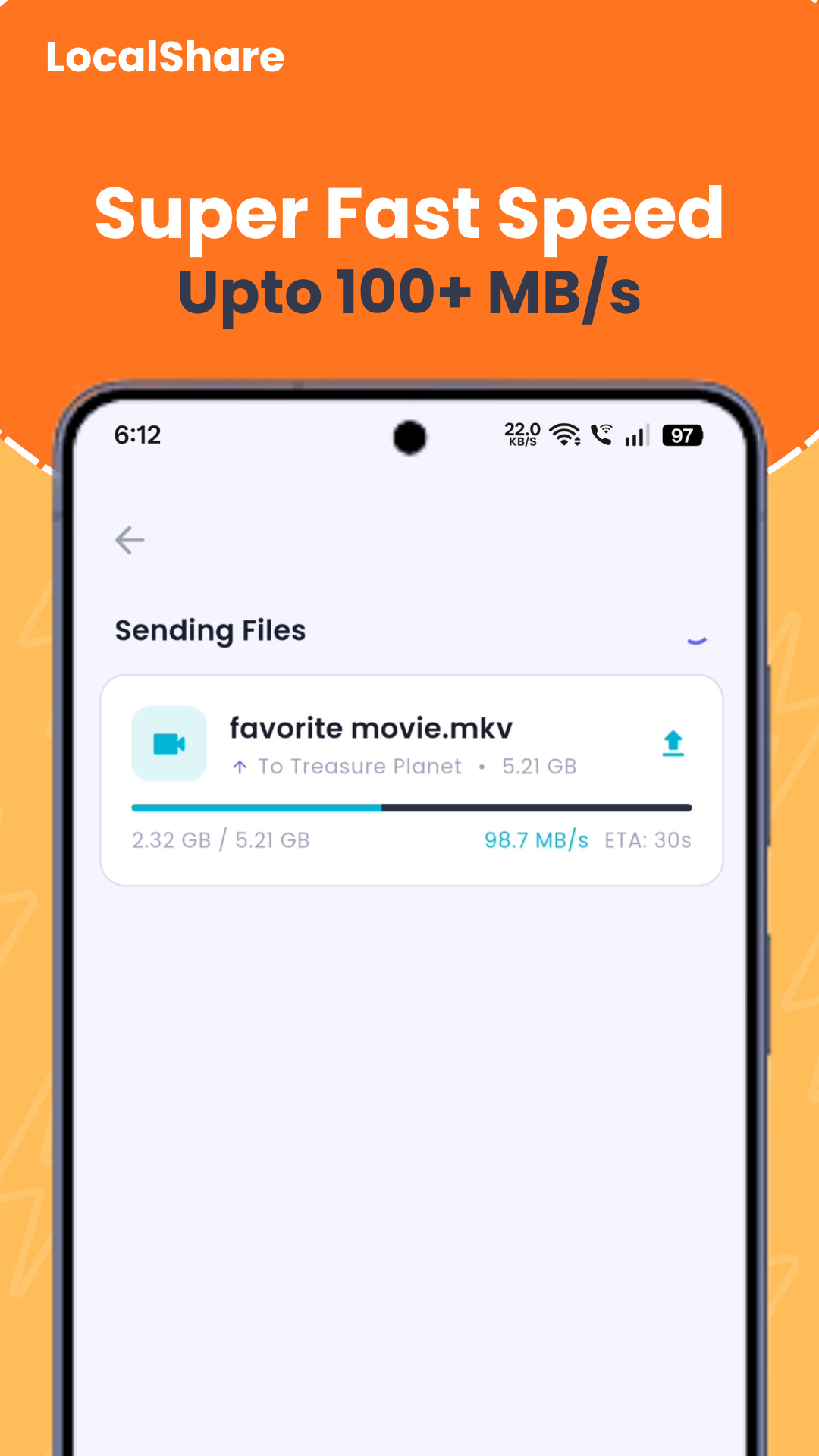 LocalShare sending a 5GB file at 98.7 MB/s